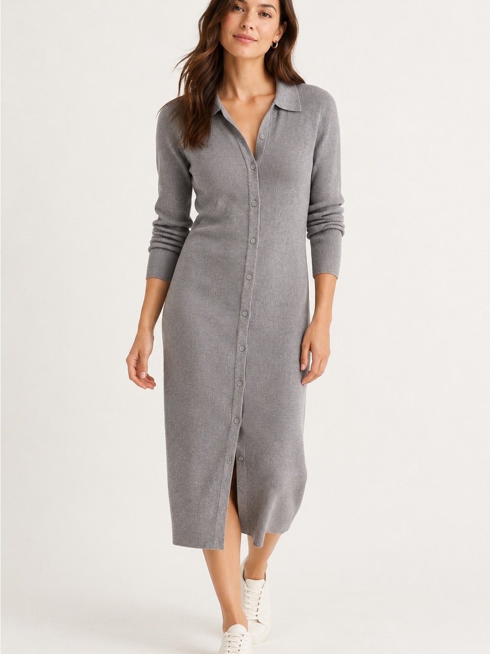 NWT Quince Eco-Knit Button Front Sweater Dress – Gray – Size Large